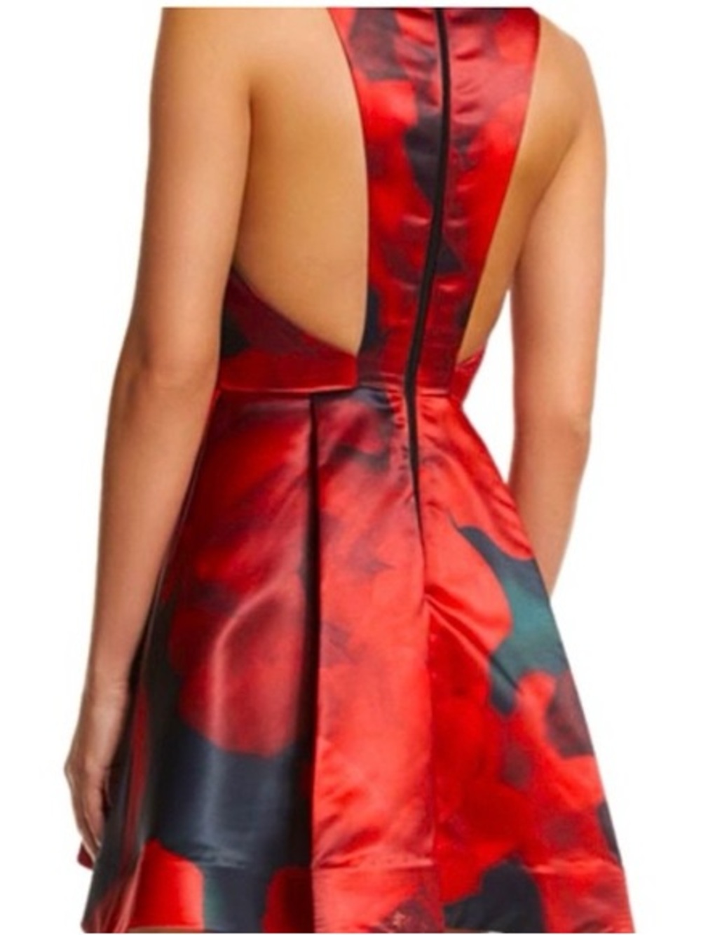 Alice + Olivia Red and Black Floral Satin Plunge Mini Dress - Picture 2 of 7